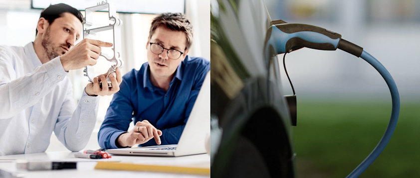 Montage of two persons discussing an extruded profile, and an electric car hooked to a charger