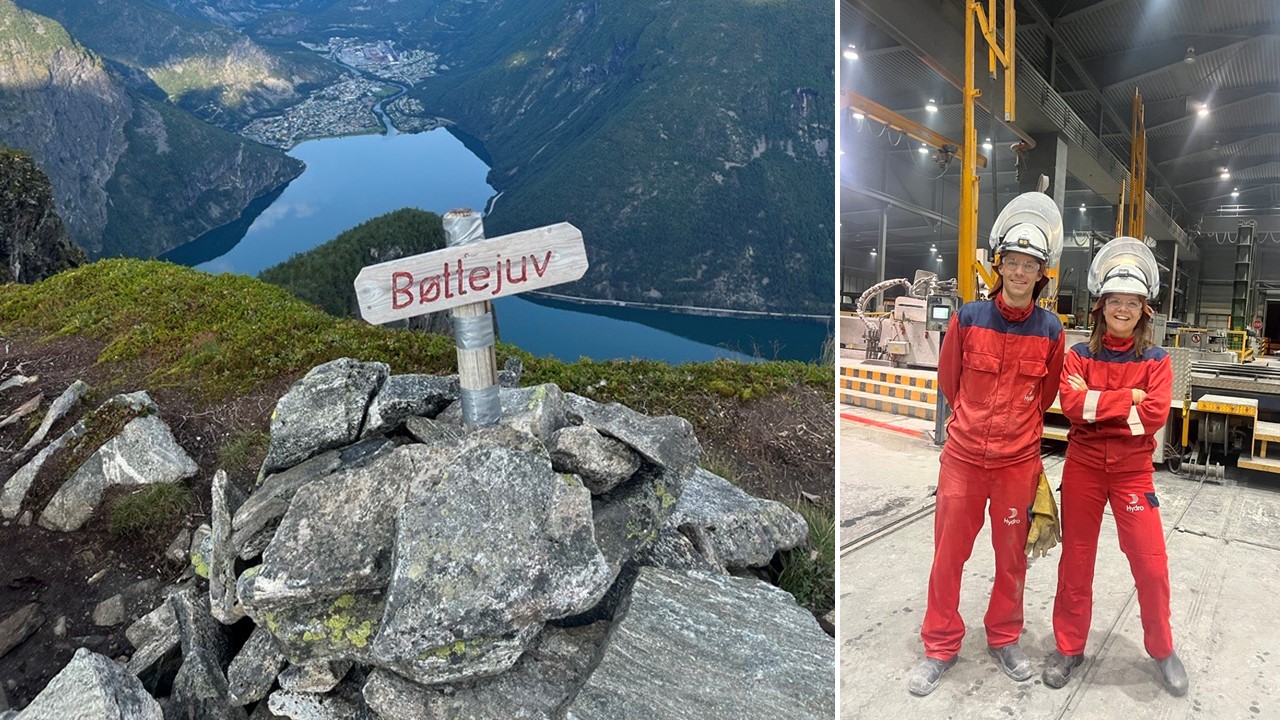 Årdal to the left, two Hydro employees at right